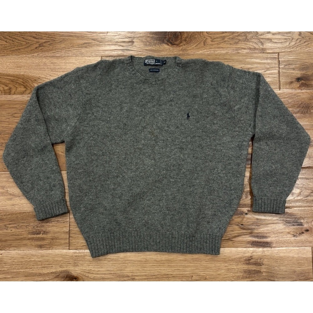 Vintage Polo Ralph Lauren Sweater Gray Wool Men's XL Ribbed Trim Crewneck 90s